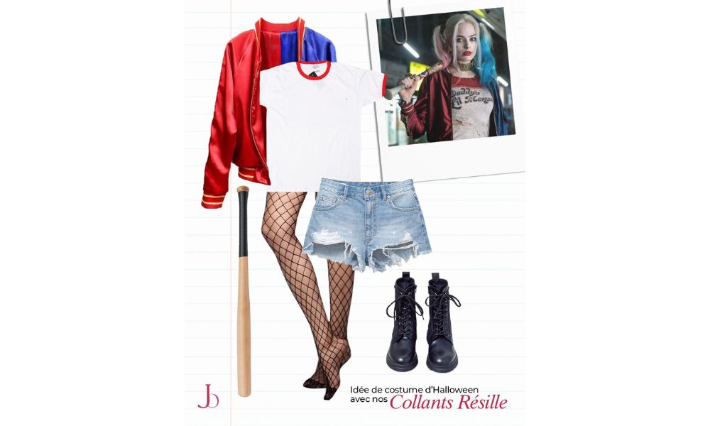 Costume Harley Quinn avec des collants Résille pour Halloween